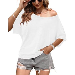 WNEEDU T-shirt Dames Zomer Off Shoulder Tops Ronde Hals Korte Mouw Basic Top Lang Shirt Los Casual 2025