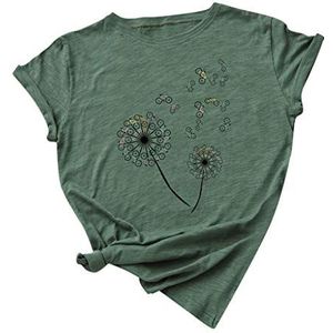 Lazzboy Store T-shirt voor dames paardenbloem zomer korte mouwen print O-hals losse blouse tops vrouwen print shirt tuniek, groen, XL