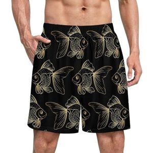 Japanse vis op zwarte grappige pyjama shorts voor mannen pyjamabroek heren nachtkleding met zakken zacht