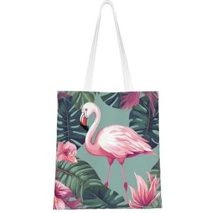 VTCTOASY Tropische bladeren en flamingo print canvas draagtassen lichtgewicht schoudertas herbruikbare boodschappentas handtassen voor vrouwen mannen, zwart, één maat, Zwart, One Size