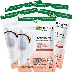 5 x Garnier Skinactive stofmasker Nutri Bomb verzorgend en lichter met kokosmelk voor droge en doffe huid, 5 wegwerpmaskers