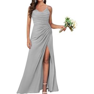 Zeemeermin bruidsmeisjesjurken voor dames, lange chiffon formele jurk, avondjurk met split, Zilver, 42