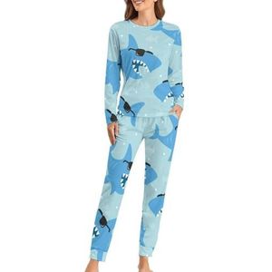 Cmagnifico Pyjama met ronde hals voor dames, alpaca-cactuspyjama voor vrouwen, damespyjama met zakken, Cool geanimeerde haai, 3XL