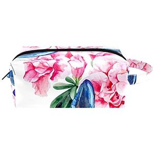 Blauwe vlinder roze bloem lederen cosmetische tas met handvat, waterdichte vierkante toilettas reistas, kleine etui voor dames heren meisjes kinderen