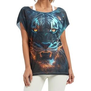 Cool Blue Wild Tiger dames korte vleermuismouwen shirt ronde hals T-shirts losse tops voor meisjes, Patroon, S