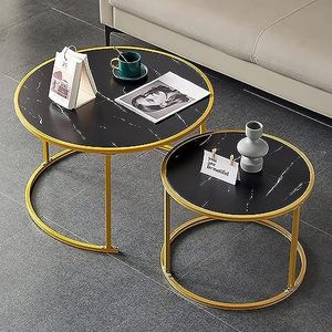 Moderne woonkamer salontafel nest salontafel ronde, minimalistische houten bijzettafel set van 2, moderne nesttafel robuust stalen frame, voor kleine ruimtes woonkamer kantoor balkon (kleur: zwart,