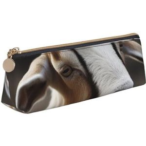 Dwrepo Lederen etui voor vrouwen mannen pennenzak met rits draagbare etui dieren geit pen tas kleine make-up tas munt zakje voor werk kantoorbenodigdheden