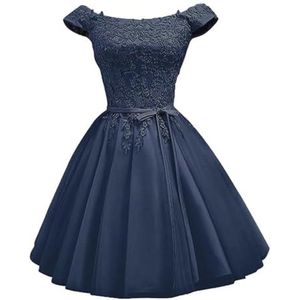 YIANN Off-shoulder satijnen thuiskomst jurken voor tieners met kanten applicatie mouwloze A-lijn baljurk korte galajurk, Donkerblauw, 32