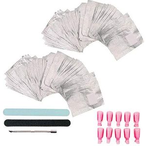 JZK 200 x gelnagelwikkelfolie met wattenschijfjes voor het verwijderen van normale/gel nagellak, nagelclips, nagelvijl en buffer, nagelriemduwer, set gel nagellak remover tool
