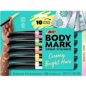 BIC BodyMark Body Art Markers, Pastel Pop, Flexible Brush Tip, 5-Count Pack of Assorted Colors, Skin-Safe*, Cosmetic Quality