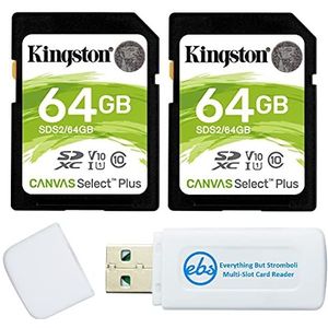 Kingston Canvas Select Plus 64GB SD Memory Card for Camera (2 Pack Bundle) SDXC Card Class 10 UHS-1 U3 100MB/s Read Speed (SDS2/64GB) Bundle with (1) Everything But Stromboli SD & Micro Card Reader