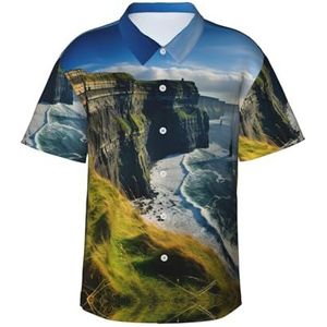 XTYGETY Ierland Buitenshuis County Clare The Cliffs Print Zomer Strand Button-Down Korte Mouw Hawaiiaans Shirt voor Mannen Tropische Vakantie Shirts, Zwart, S