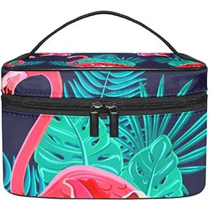 Flamingo tropische groene hibiscus bladeren make-up organizer tas, reismake-up tas organizer case draagbare cosmetische tas voor vrouwen en meisjes toiletartikelen, Meerkleurig, 22.5x15x13.8cm/8.9x5.9x5.4in