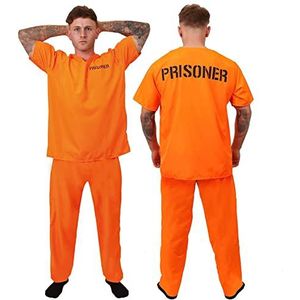 UNISEX ORANJE VEROORDEELDE GEVANGENE KOSTUUM VOOR VOLWASSENEN. VEROORDEELDE, GEVANGENE, DIENDERS EN ROVERS KOSTUUM. ORANJE BOVENKLEDING EN BROEK. MAAT: MEDIUM