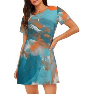 Dames nachthemd met korte mouwen oranje wit en blauw kunst 3D-print - zachte comfortabele casual nachtkleding, ademend en lichtgewicht zomerslaapshirt, 3 D, S