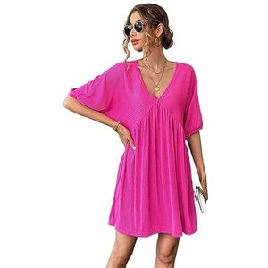 jurken voor dames Effen gesmokte jurk met vleermuismouwen - Leuke jurk met V-hals, halve mouw, losse knielengte (Color : Hot Pink, Size : XL)