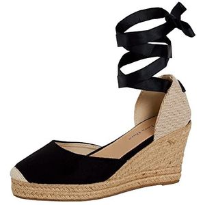 Lora Dora Womens espadrille wig sandalen dames strappy Hessische wiggen zomer schoenen enkelstropdas beenriemen, Zwart, 36 EU