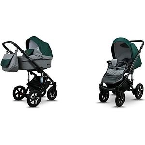 Babylux Sky Lark Kinderwagen 2in1 Deep en Kinderwagen met Accessoires Verstelbare en Opvouwbare Lichtgewicht Aluminium Constructie 2 Montagemogelijkheden Grey Flex Green Black Frame