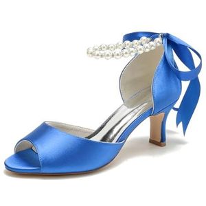 EICOFF Dames Mid Hoge Hak Open Tenen Trouwschoenen voor Bruid Parel Enkelband Sandalen Pumps Stilettos Kitten Heels Feestjurk Werkschoenen,Royal blue,38 EU