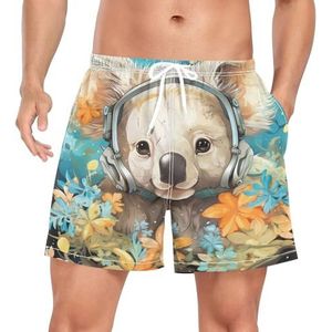 Niigeu Muziek Koala Bear Flower Zwembroek voor heren, sneldrogend, met zakken, Leuke mode, XL