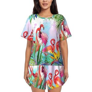 Geschilderde flamingo-print dames zomer zachte tweedelige bijpassende outfits korte mouw pyjama lounge pyjama sets, Zwart, 4XL