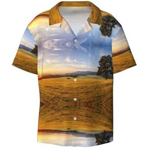 OdDdot Herfst Gouden Gras Landschap Print Heren Jurk Shirts Atletische Slim Fit Korte Mouw Casual Business Button Down Shirt, Zwart, XXL