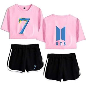 Nest Home BTS T-shirt set tops en shorts Casual Wear Persona Back Bedrukte trainingspak Bangtan Boys Fans Zomersets Gym Yoga Wear Pyjama's, roze en zwart., XS