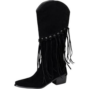 Vintage Hoge Laarzen Met Franjes Dames Western Cowboylaarzen Puntige Neus Lange Laarzen Suède Rijlaarzen Met Blokhak Herfst/winter Brede Schacht Instapschoenen(Black,43 EU)