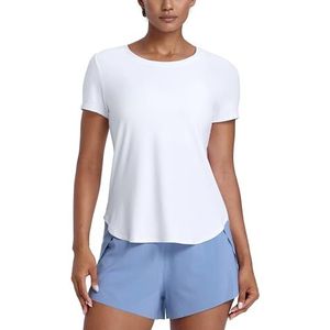 CRZ YOGA Cloudweight workouttops voor dames, lichtgewicht sportshirts met korte mouwen, T-shirts met zijsplit voor hardlopen in de sportschool wit S