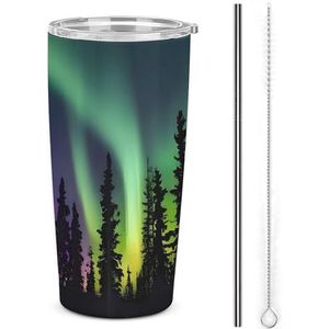 AQRJLPM Donkere Noorderlichten Print Auto Cup RVS Tumbler met rietje en deksels Lekvrij Geïsoleerde Roestvrij Staal Reizen Koffie Mok Pobtable voor Koude Warme Dranken Camping