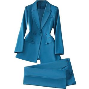 Dames blazer en broek pak kantoor zakelijke werkkleding 2-delige set jas en broek met lange mouwen, Blauw 2-delige set, 3XL