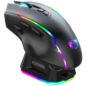 EMPIRE GAMING RF908 Oplaadbare draadloze gamingmuis met magnetisch laadstation, RGB 10.000 dpi, 8 programmeerbare toetsen, wifi-modus 2,4 GHz/BT USB-C (zwart)