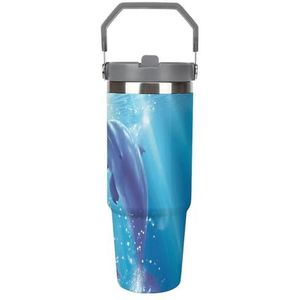FHECVBN Grote capaciteit auto beker koffie beker dolfijnen in liefde koffiemok flip stro beker roestvrij staal beker geïsoleerde beker reizen mok 30oz