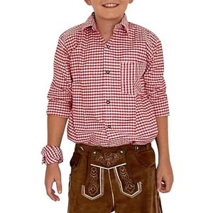 Trachterbahn Klederdrachthemd voor jongens tot lederhose geruit en wit katoen lange mouwen met halsdoek 45x45 cm en borstzak, rood, 86 cm
