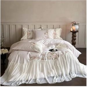 Kanten beddengoedhoes, Beddengoedset met borduurwerk van katoenen kant en ruches, 4 stuks in zilver en brons, verschillende maten(Bronze,Fitted Sheet 1.5mBed)