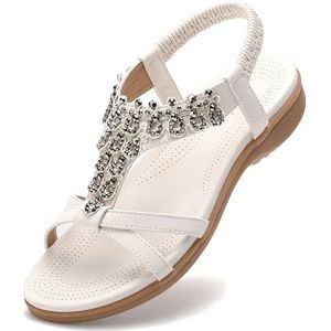 Littleplum SKT8621E Damessandalen, platte sandalen met strassparels, Boheemse strandschoenen, A wit., 37 EU