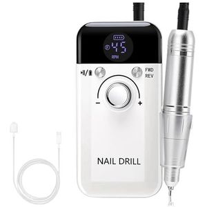 45000 RPM Nagelboormachine Draagbare nagellak Gelschuurmachine Elektrische professionele nageldraaibank met LCD-scherm Nail Art Tools(White)