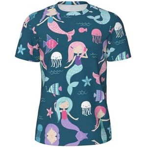 Mooi sportshirt voor heren, met zeemeerminprint, ademend, koel en droog mesh, basislaag tops met korte mouwen, hardloopshirt, Zwart, S