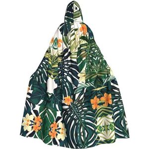 DEXNEL 149,9 cm lange mantel met capuchon, Halloween cosplay sets, Halloween heks cosplay gewaad kostuum, volwassen capuchon mantel tropische zomer Hawaiiaanse bloem palmbladeren