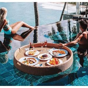 pallet， Rotan drijvende dienblad, drijvende pooltafel, ontbijtblad op het water, drijvende bar for zwembad(Beige)