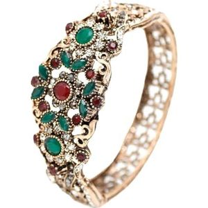 Turkse Bangle Manchet Armband Voor Vrouwen Antieke Gouden Kleur Strass Bloem Armband Arabische Bruid Bruiloft Sieraden, Kristal, Witte diamant