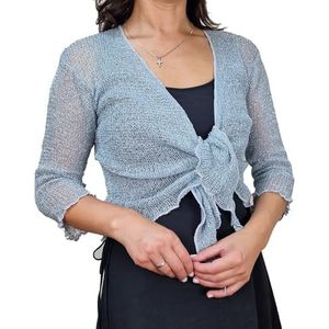 Mimosa Gehaakt damesvest, glitter of effen, elastisch, kanten visnet omslagdoek, open vest, maat 34-58, Grijs/Zilver, Eén Maat