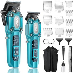 VGR Professionele Haartondeuse voor Mannen, Draadloze Kapperset met Tondeuse en Trimmer, Heren Haarknipset met 10 Opzetkammen, USB Oplaadbare Knipmachine voor het Gezin, LED Display, Groen