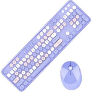 QPSJXN Kleurrijk draadloos toetsenbord en muis set met ronde toetsenbordcaps en 2,4 GHz volledige grootte schrijfmachine-stijl met computers (paars)