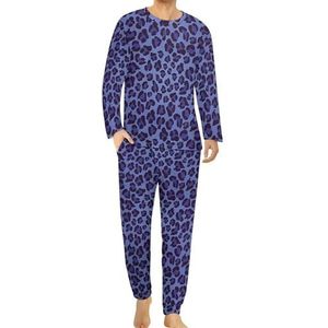 Blauwe luipaardprint heren pyjama set lounge wear lange mouw top en onderkant 2-delige nachtkleding