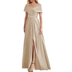 BRIGOW Satijnen bruidsmeisjesjurk voor bruiloft met split mouwloze galajurken plooien cocktailjurk grote maten, Champagne, 32