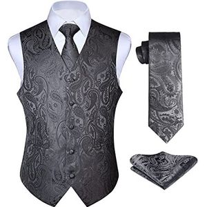 Enlision Men's Gilets Grey Paisley Gilet Tie Pocket Square Bruiloft Jacquard Suit Vest Set M