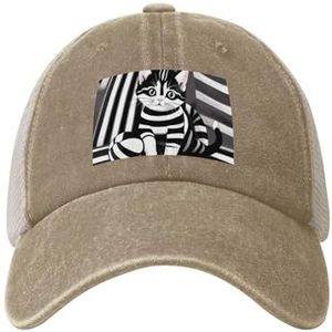 Zwart en wit gestreepte kitten cowboy mesh honkbalpet, polohoed, trucker, uniseks stijl hoofddeksels, snapback verstelbaar, mannen vrouwen zwart, natuurlijk, Eén Maat