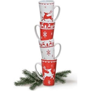 Jumbomokken set van 4 Xmas mokken in rood wit - Amerikaanse keramische koffiemokken als kerstmokken in 450 ml - grote koffiekopjes voor Kerstmis vaatwasmachinebestendig en magnetronbestendig