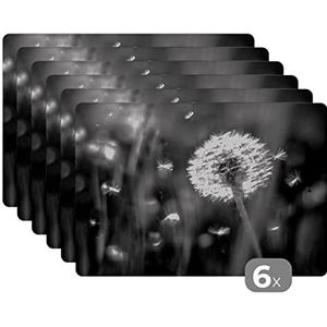 Placemats - 6 stuks - 45x30 cm - Paardenbloem - Zwart - Wit - Plant